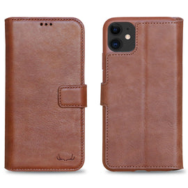 Wallet ID Window  Leather Protective Slim Fit Wallet Phone Case with Credit Card Slots for iPhone 11- Brown