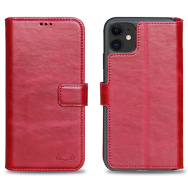 Wallet ID Window  Leather Protective Slim Fit Wallet Phone Case with Credit Card Slots for iPhone 11-Red